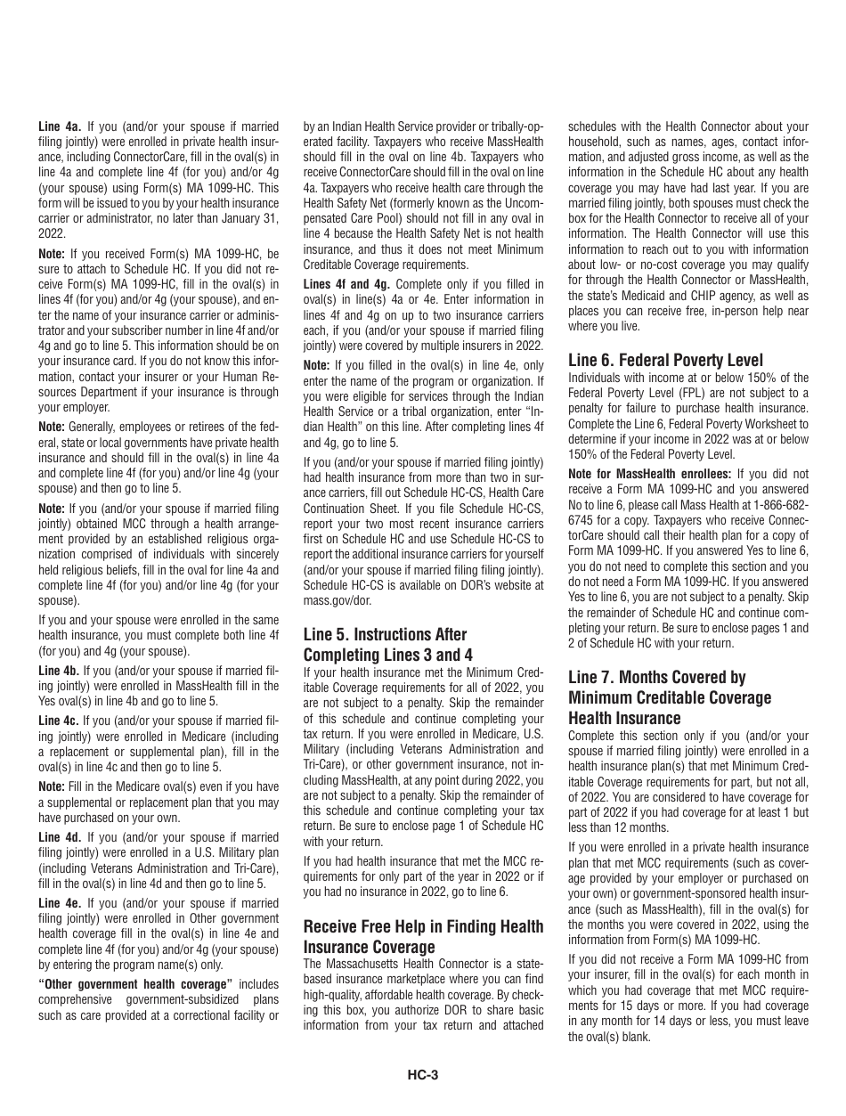Instructions for Schedule HC Health Care Information - Massachusetts, Page 3