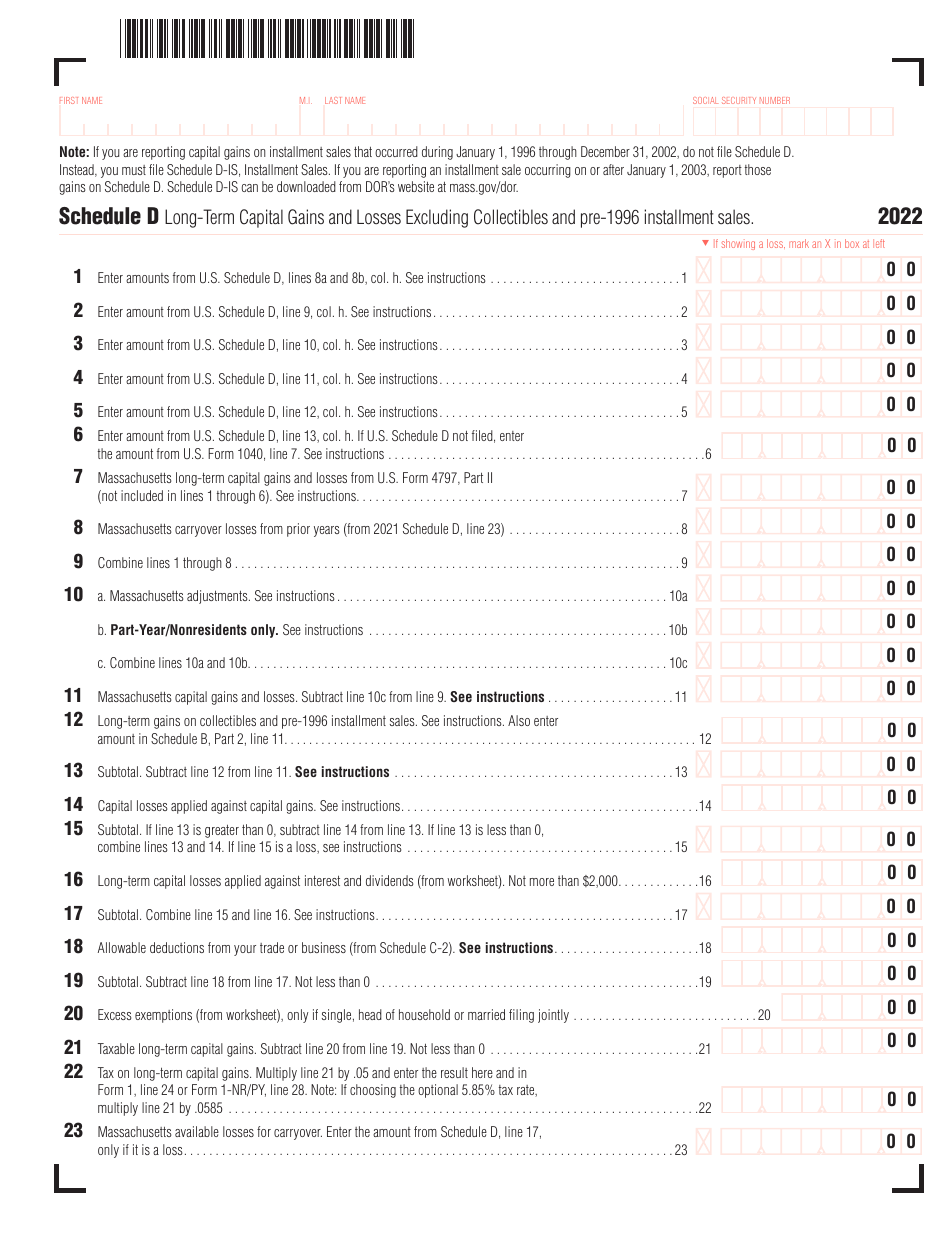 Schedule D Long-Term Capital Gains and Losses Excluding Collectibles and Pre-1996 Installment Sales - Massachusetts, Page 1