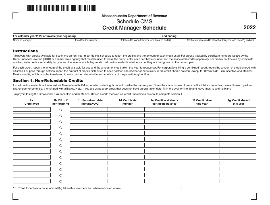 Schedule CMS Credit Manager Schedule - Massachusetts, Page 1