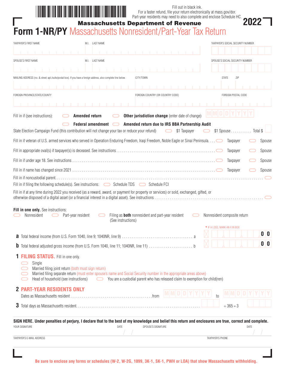 Form 1-NR / PY Massachusetts Nonresident / Part-Year Tax Return - Massachusetts, Page 1