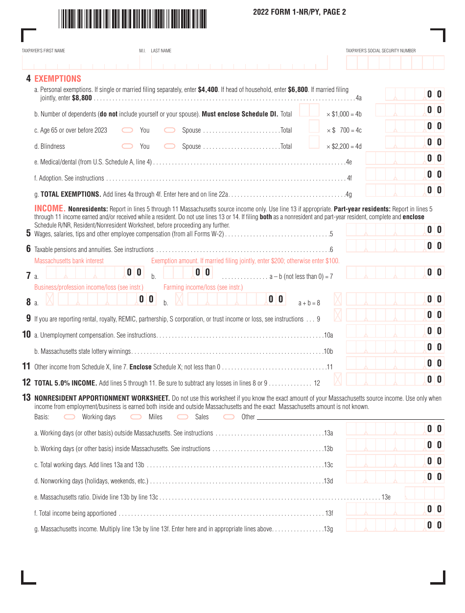 Form 1-NR / PY Massachusetts Nonresident / Part-Year Tax Return - Massachusetts, Page 2