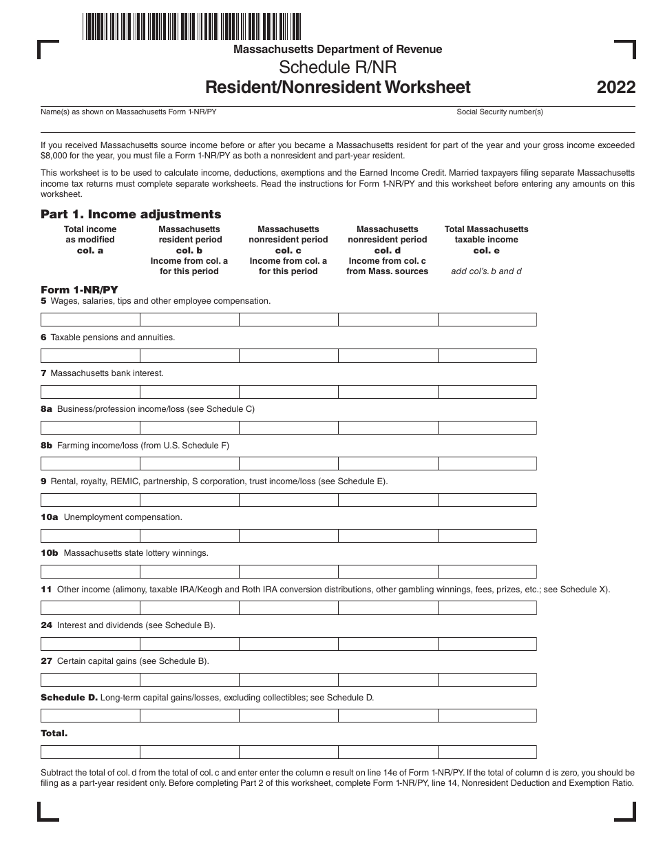 Schedule R / NR Resident / Nonresident Worksheet - Massachusetts, Page 1