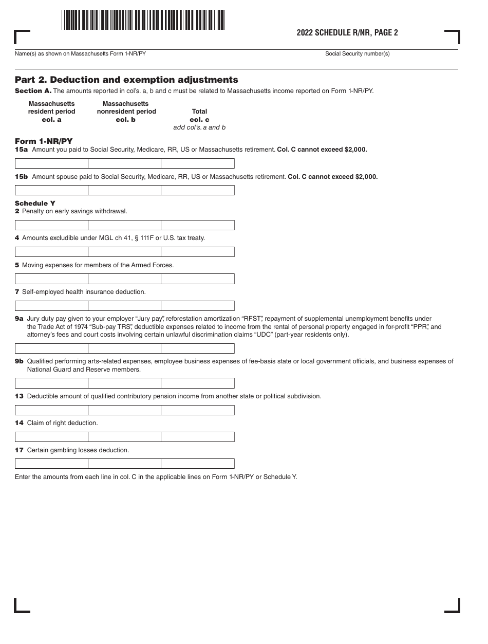 Schedule R / NR Resident / Nonresident Worksheet - Massachusetts, Page 2