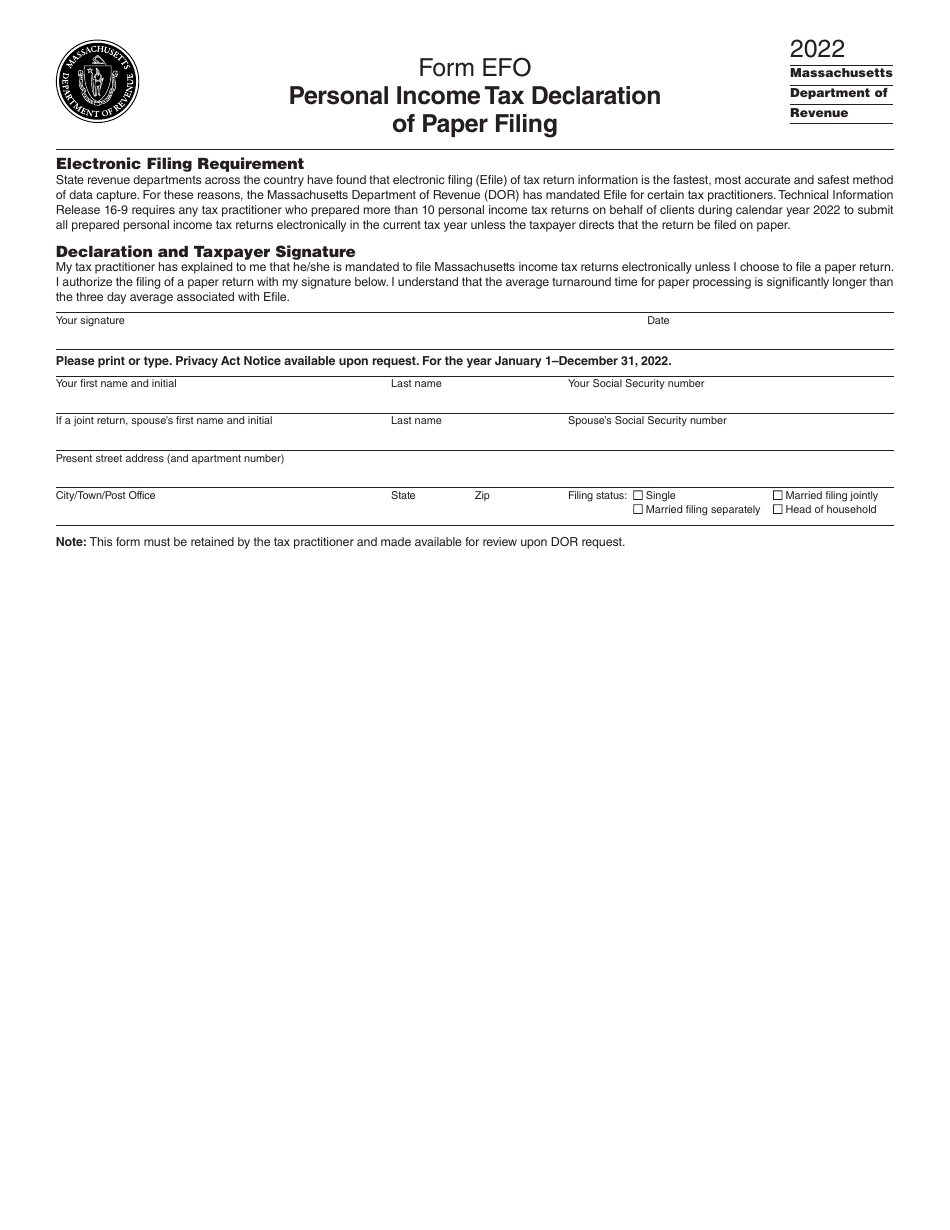 Form EFO Personal Income Tax Declaration of Paper Filing - Massachusetts, Page 1