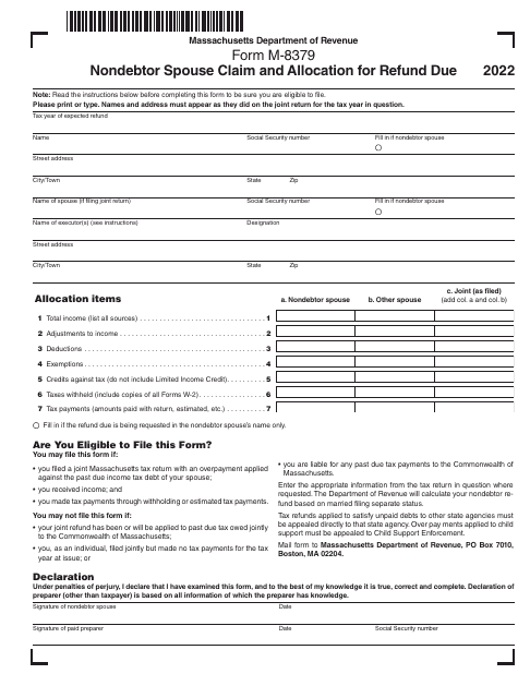 Form M-8379 Nondebtor Spouse Claim and Allocation for Refund Due - Massachusetts, 2022