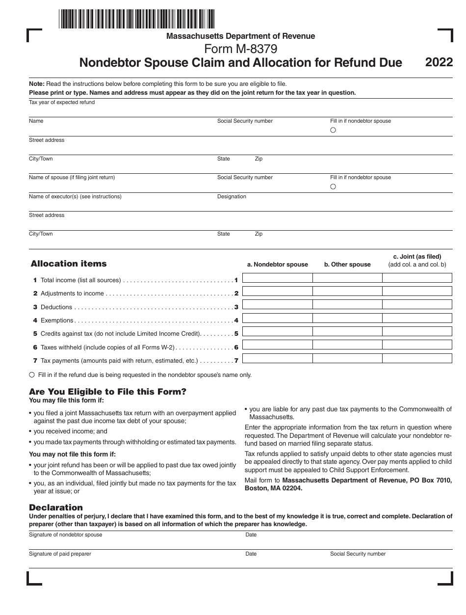 Form M-8379 Nondebtor Spouse Claim and Allocation for Refund Due - Massachusetts, Page 1