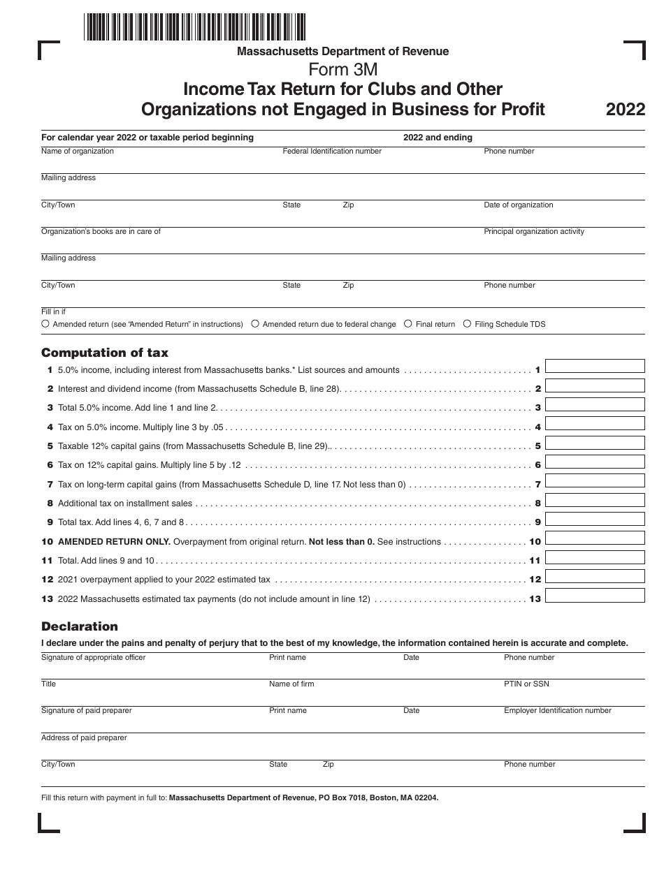 Form 3M Income Tax Return for Clubs and Other Organizations Not Engaged in Business for Profit - Massachusetts, Page 1