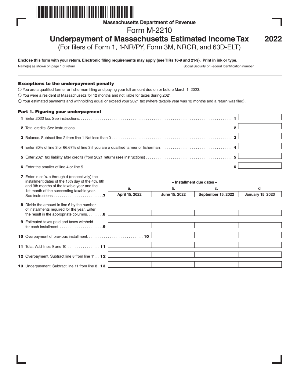 Form M-2210 Underpayment of Massachusetts Estimated Income Tax (For Filers of Form 1, 1-nr / Py, Form 3m, Nrcr, and 63d-Elt) - Massachusetts, Page 1