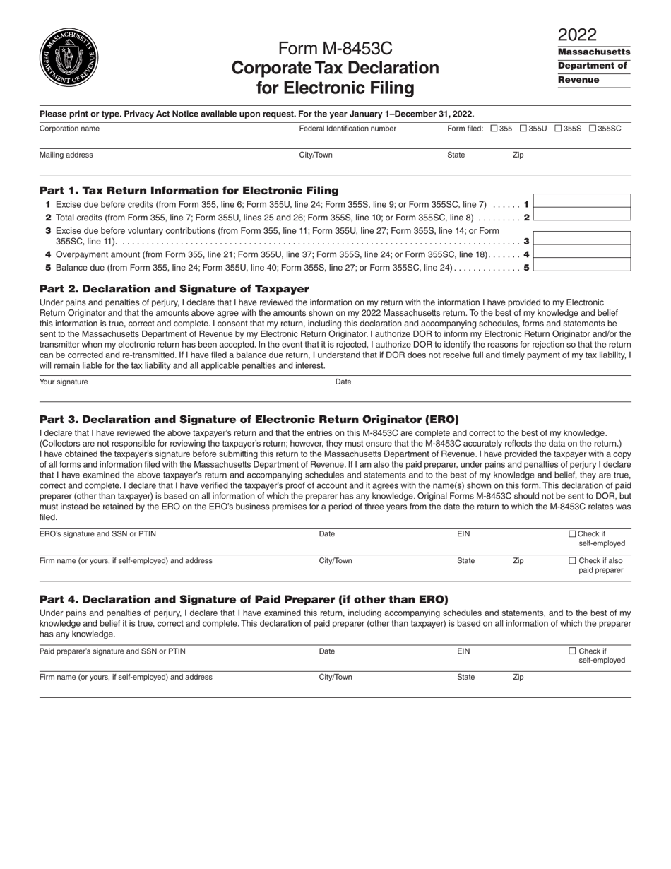 Form M-8453C Corporate Tax Declaration for Electronic Filing - Massachusetts, Page 1