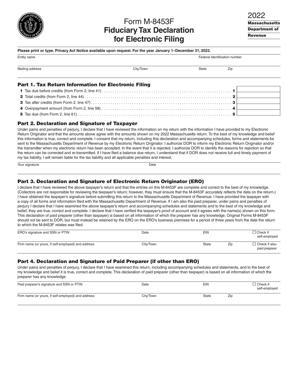 Form M-8453F Fiduciary Tax Declaration for Electronic Filing - Massachusetts, Page 1