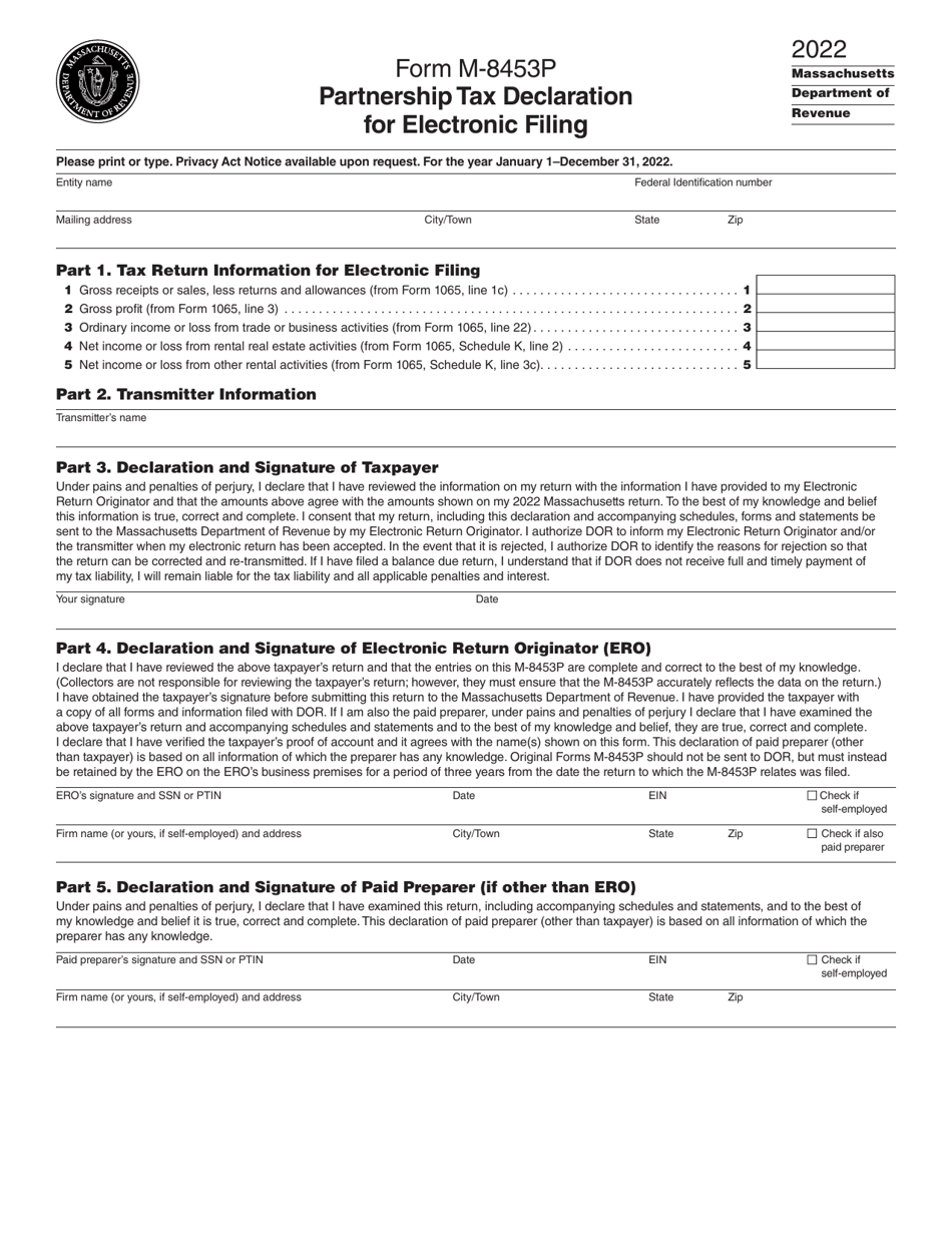 Form M-8453P Partnership Tax Declaration for Electronic Filing - Massachusetts, Page 1