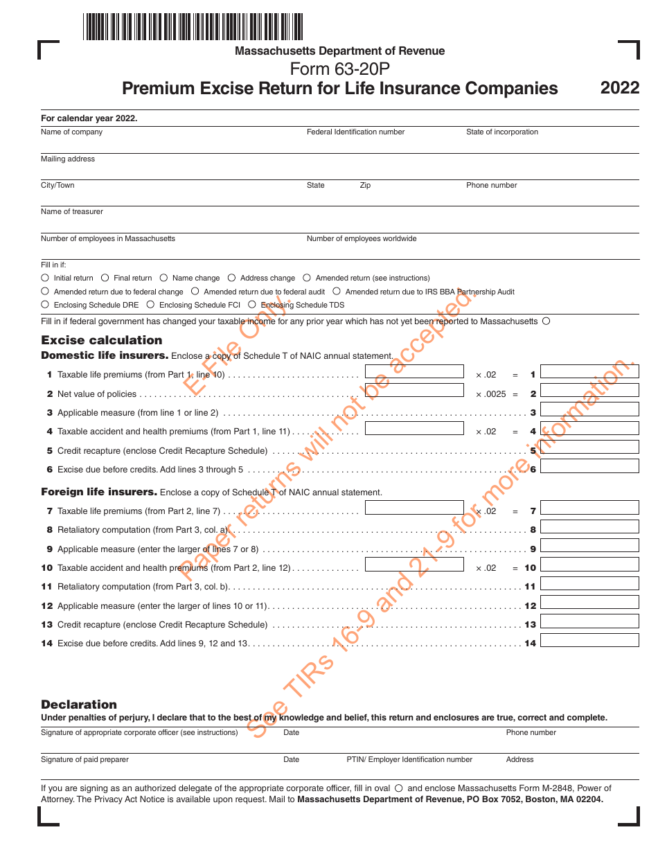 Form 63-20P Premium Excise Return for Life Insurance Companies - Massachusetts, Page 2