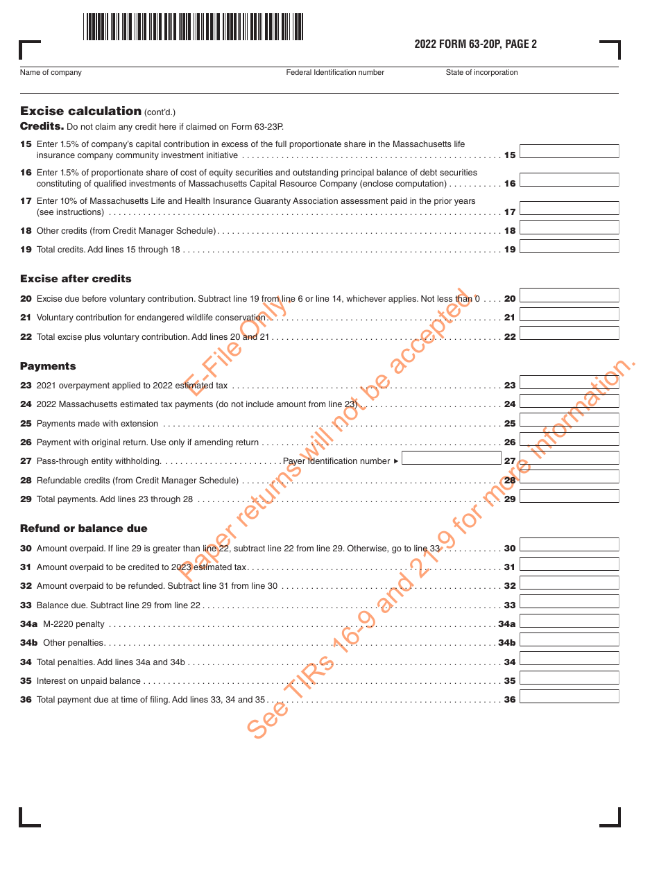 Form 63-20P Premium Excise Return for Life Insurance Companies - Massachusetts, Page 3