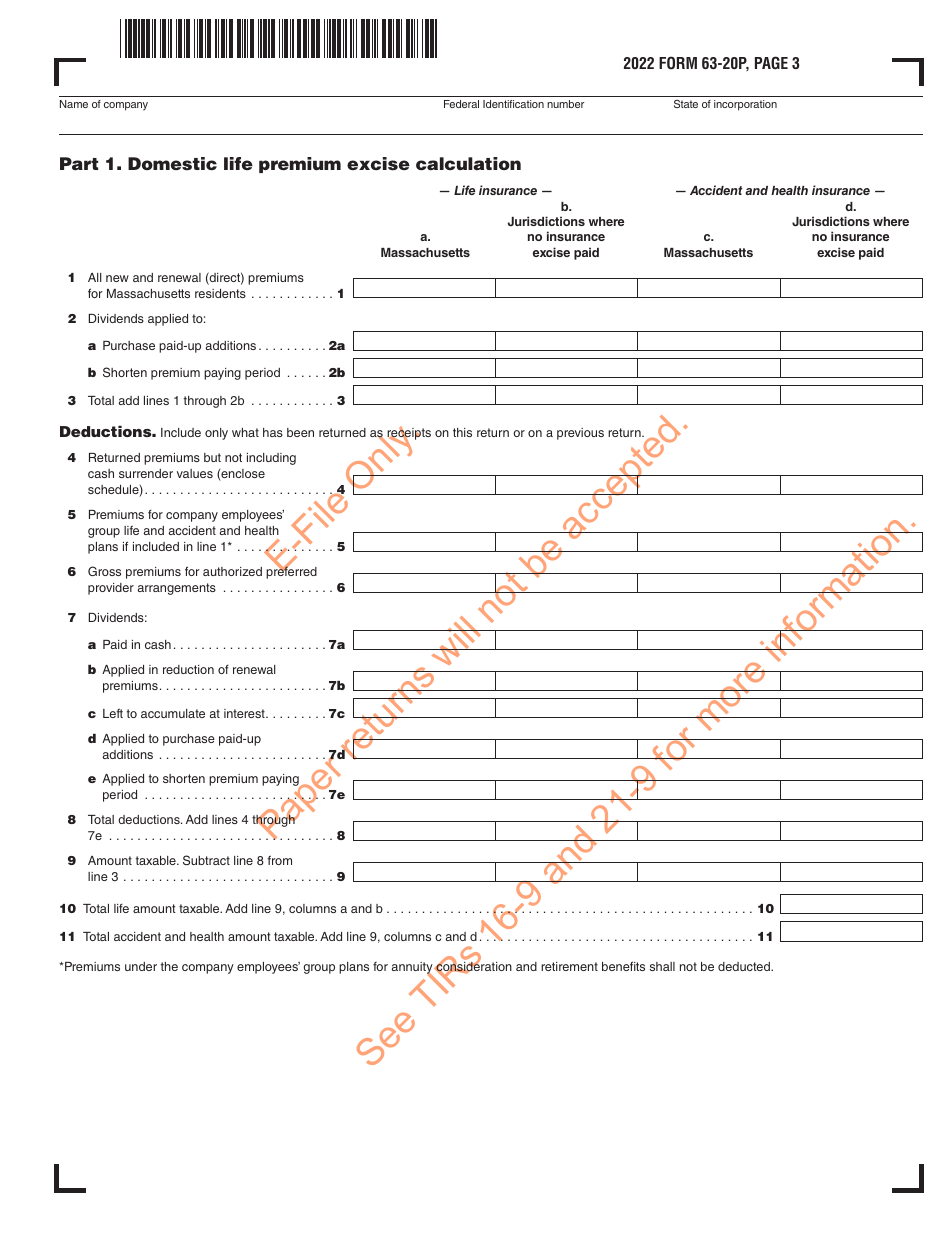 Form 63-20P Premium Excise Return for Life Insurance Companies - Massachusetts, Page 4