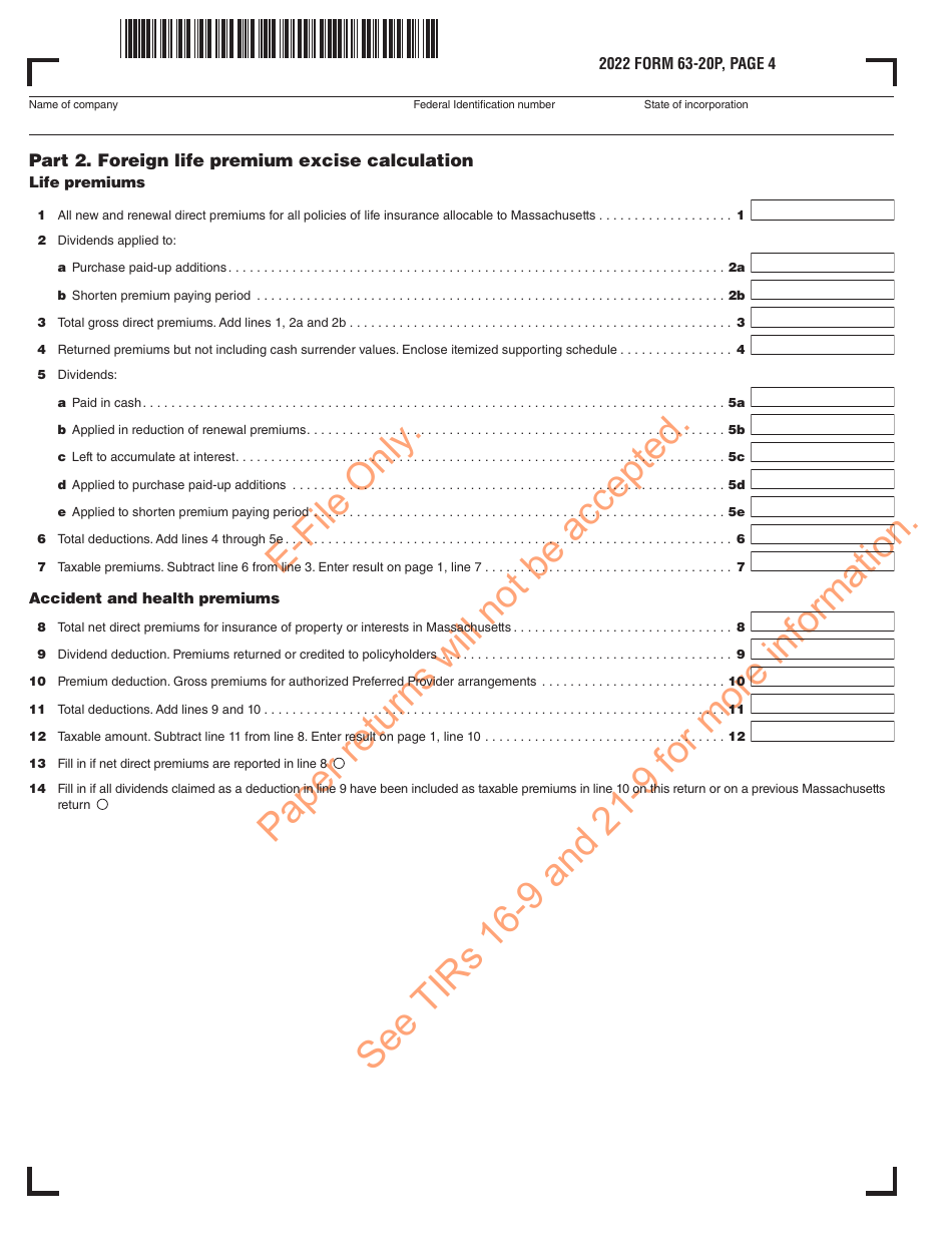 Form 63-20P Premium Excise Return for Life Insurance Companies - Massachusetts, Page 5