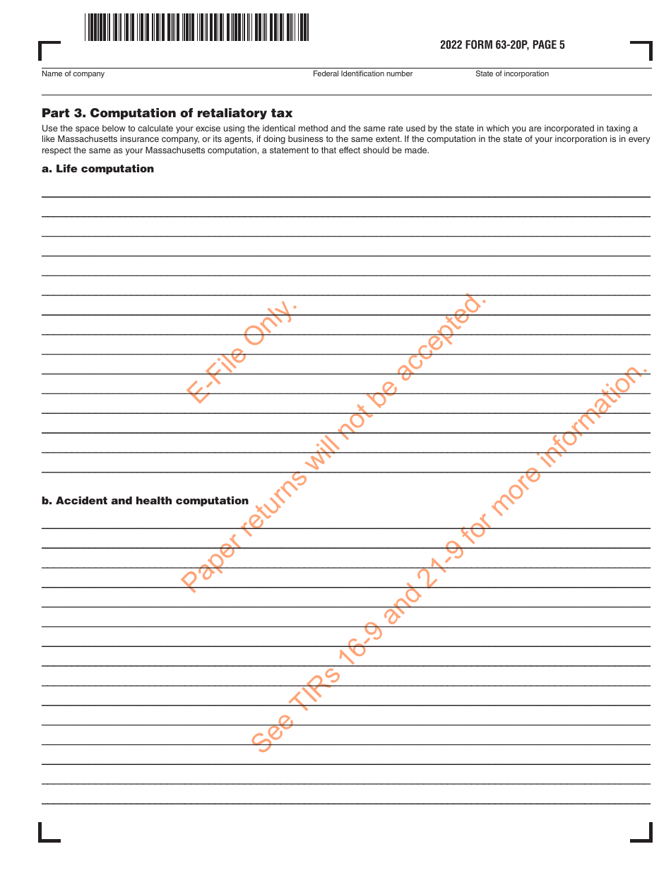 Form 63-20P Premium Excise Return for Life Insurance Companies - Massachusetts, Page 6