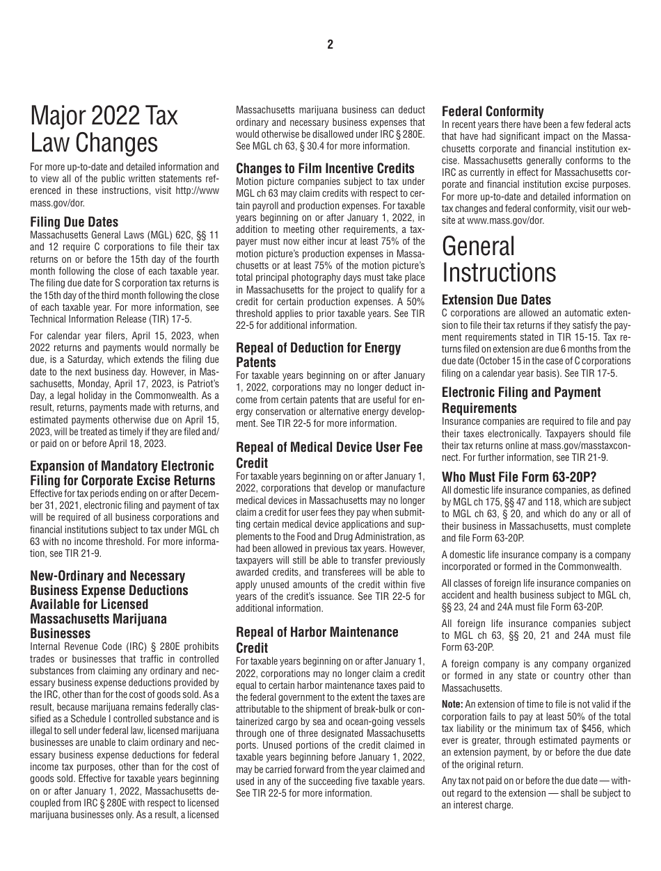 Instructions for Form 63-20P Premium Excise Return for Life Insurance Companies - Massachusetts, Page 2