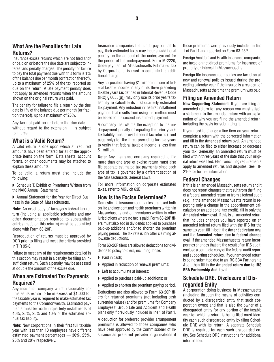 Instructions for Form 63-20P Premium Excise Return for Life Insurance Companies - Massachusetts, Page 3