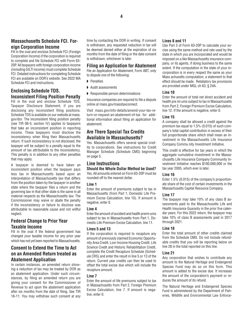 Instructions for Form 63-20P Premium Excise Return for Life Insurance Companies - Massachusetts, Page 4