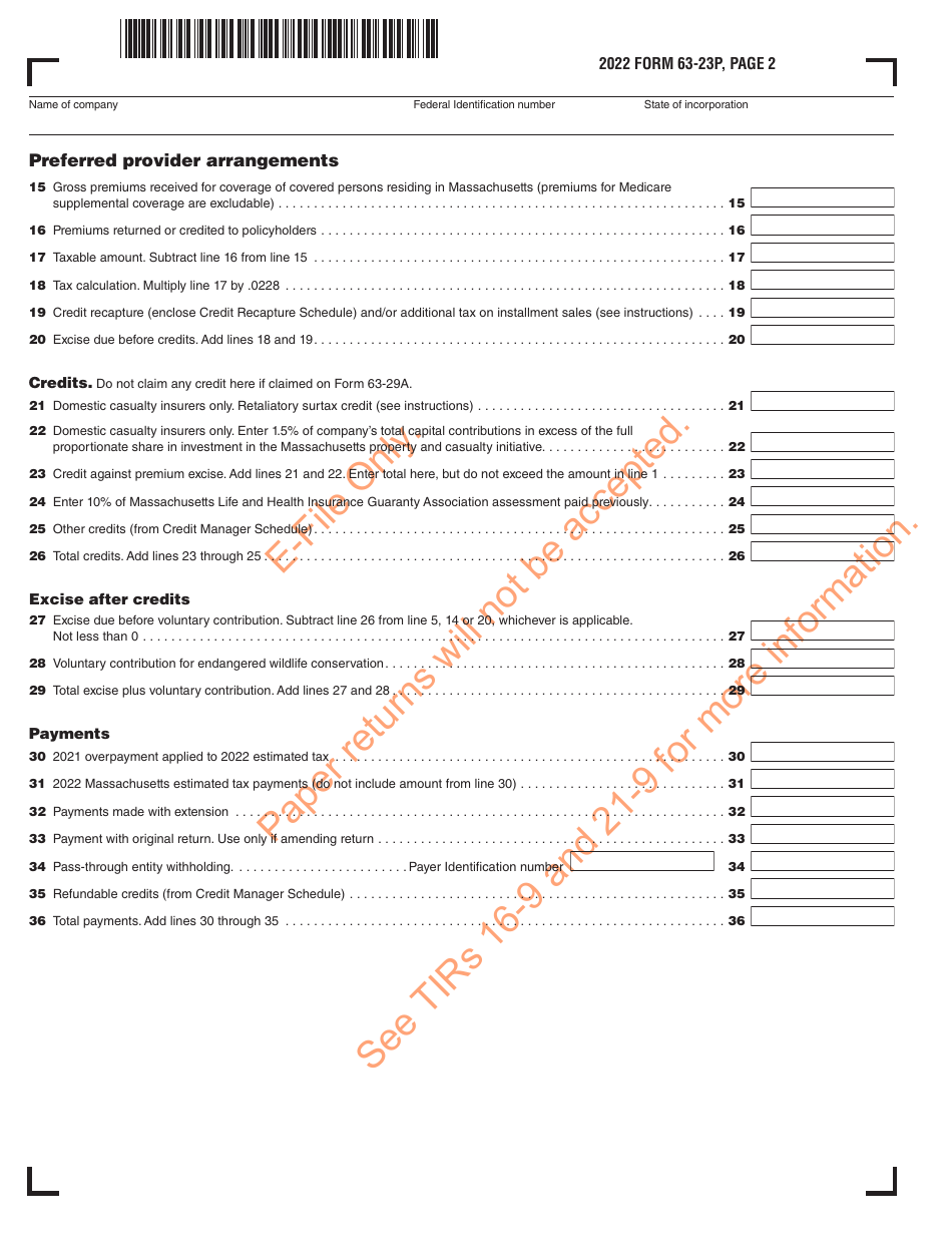 Form 63-23P Premium Excise Return for Insurance Companies - Massachusetts, Page 3