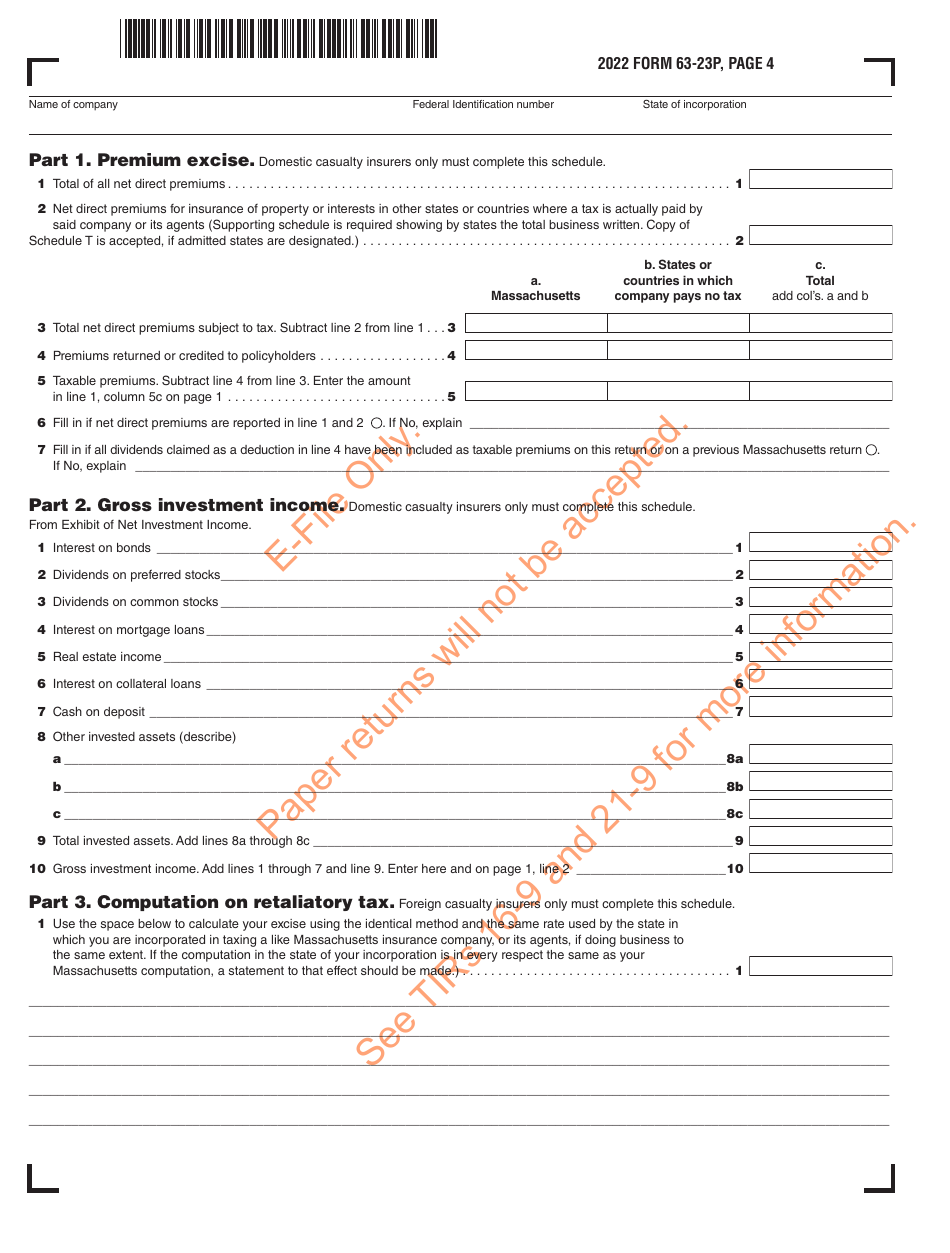Form 63-23P Premium Excise Return for Insurance Companies - Massachusetts, Page 5