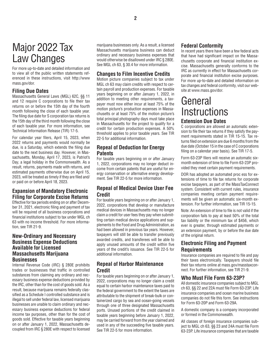 Instructions for Form 63-23P Premium Excise Return for Insurance Companies - Massachusetts, Page 2