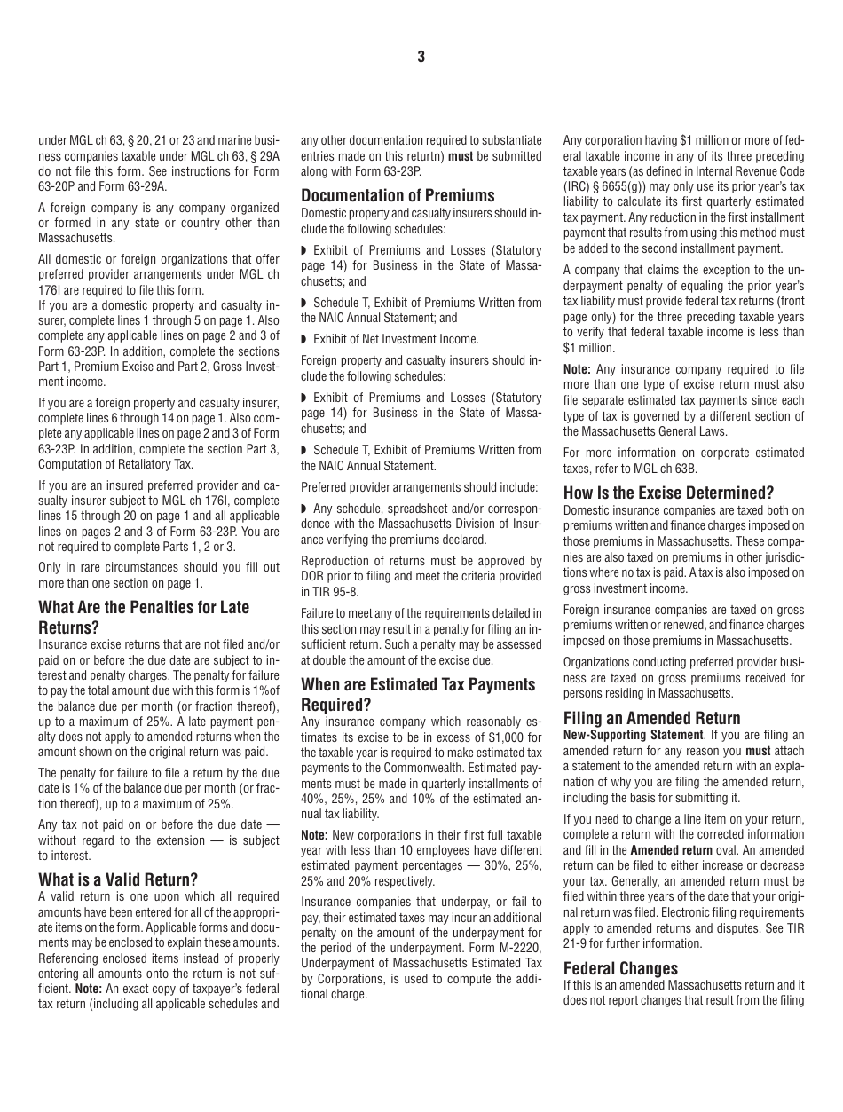 Instructions for Form 63-23P Premium Excise Return for Insurance Companies - Massachusetts, Page 3