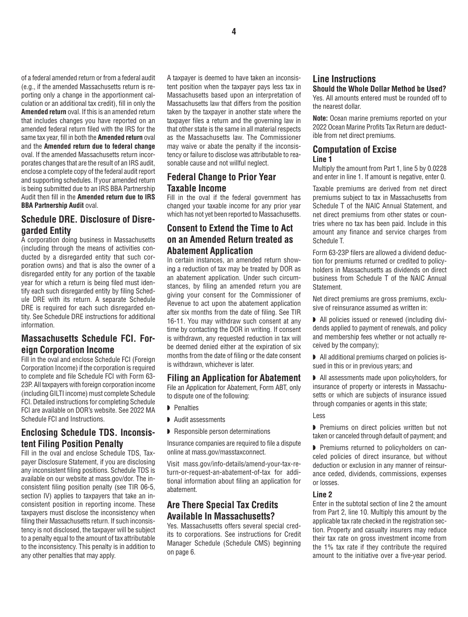 Instructions for Form 63-23P Premium Excise Return for Insurance Companies - Massachusetts, Page 4