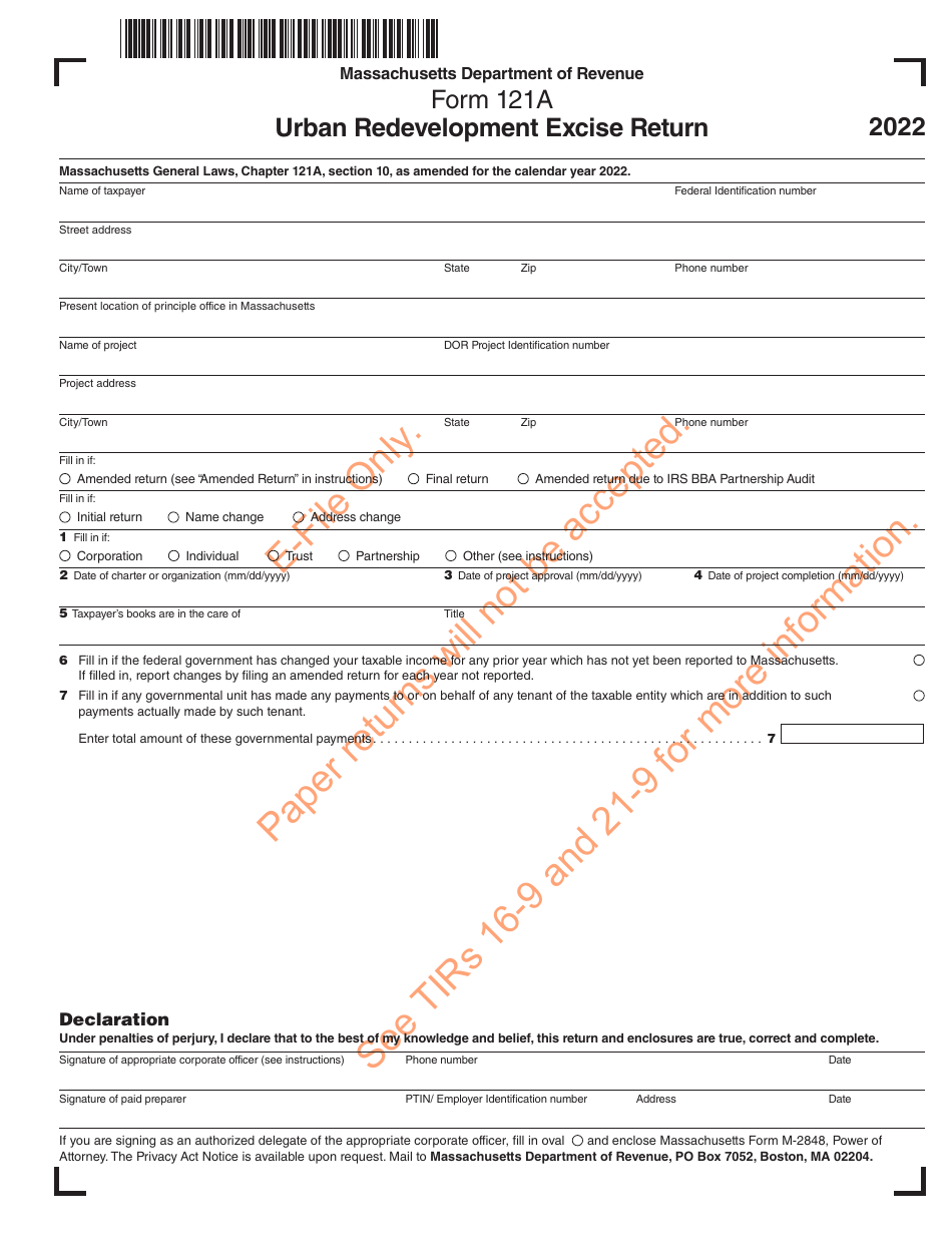 Form 121A Urban Redevelopment Excise Return - Massachusetts, Page 2