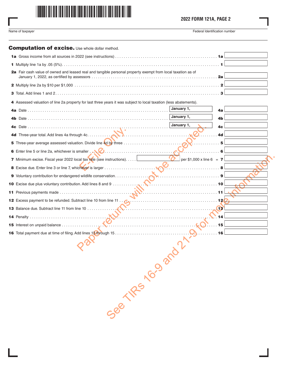 Form 121A Urban Redevelopment Excise Return - Massachusetts, Page 3
