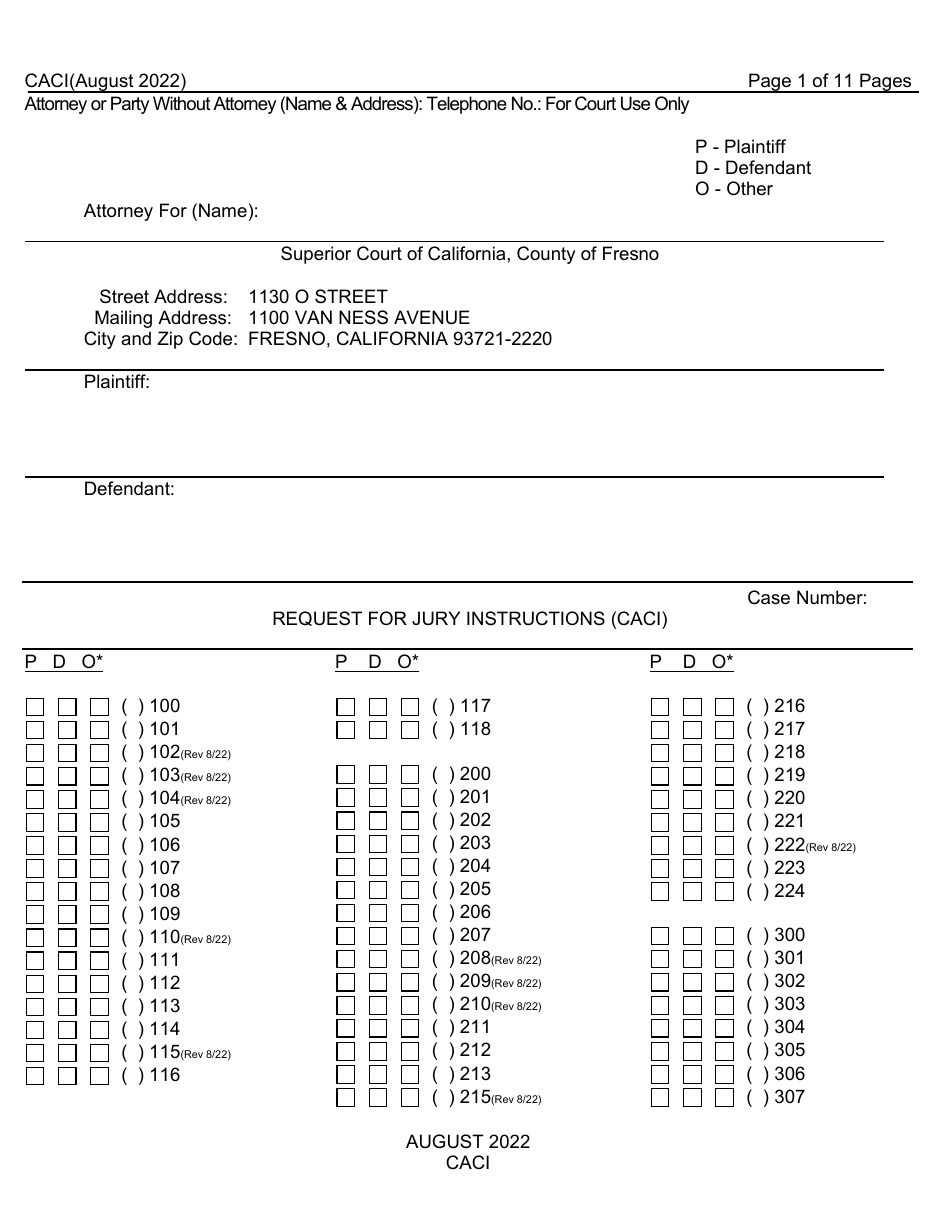 Form CACI Request for Jury Instructions (Caci) - County of Fresno, California, Page 1