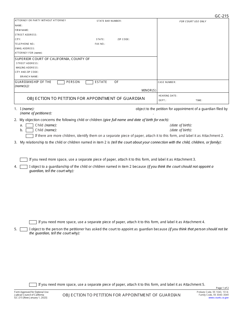Form GC-215 Objection to Petition for Appointment of Guardian - California, Page 1