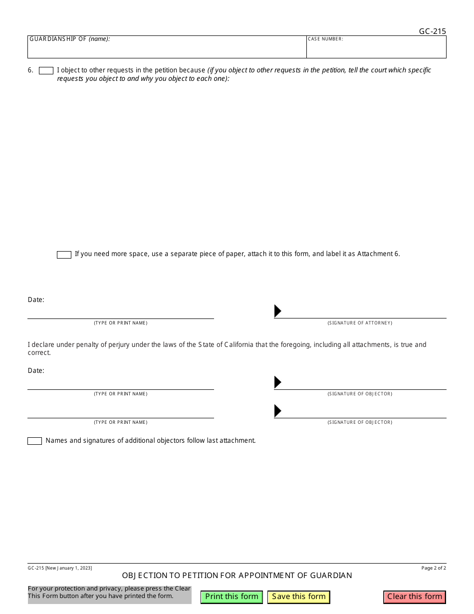 Form GC-215 Objection to Petition for Appointment of Guardian - California, Page 2