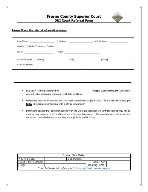 Dui Court Referral Form - County of Fresno, California (English / Spanish) Download Pdf