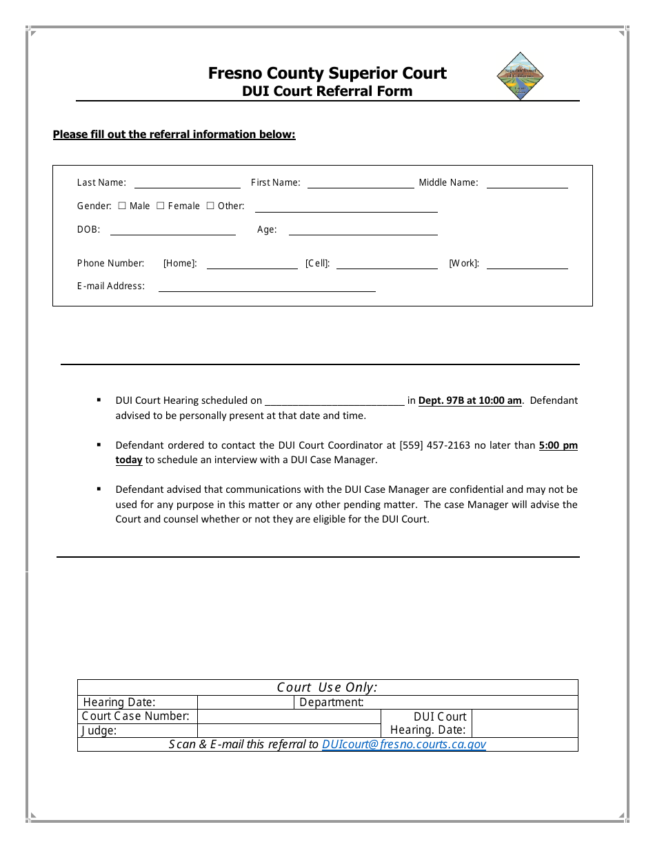 Dui Court Referral Form - County of Fresno, California (English / Spanish), Page 1