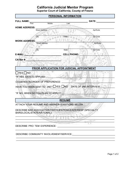 California Judicial Mentor Program Application - County of Fresno, California Download Pdf