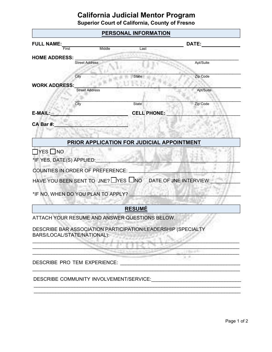 California Judicial Mentor Program Application - County of Fresno, California, Page 1