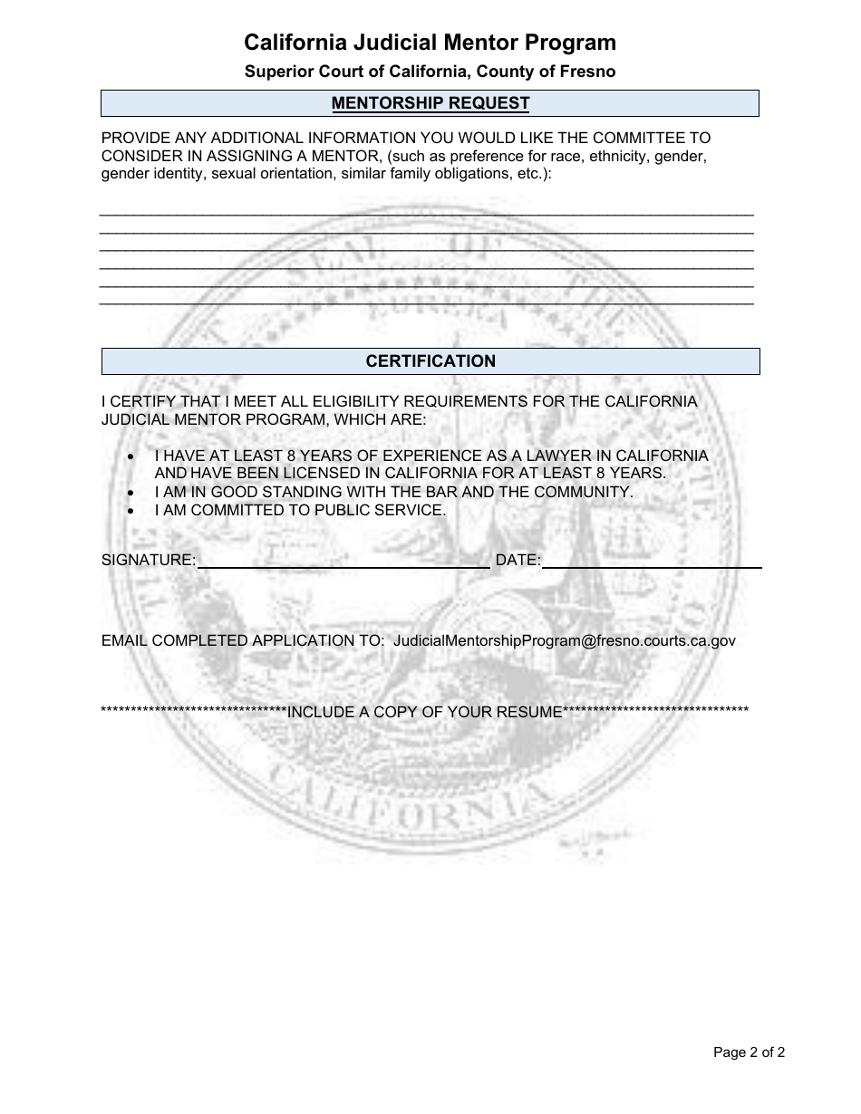 California Judicial Mentor Program Application - County of Fresno, California, Page 2