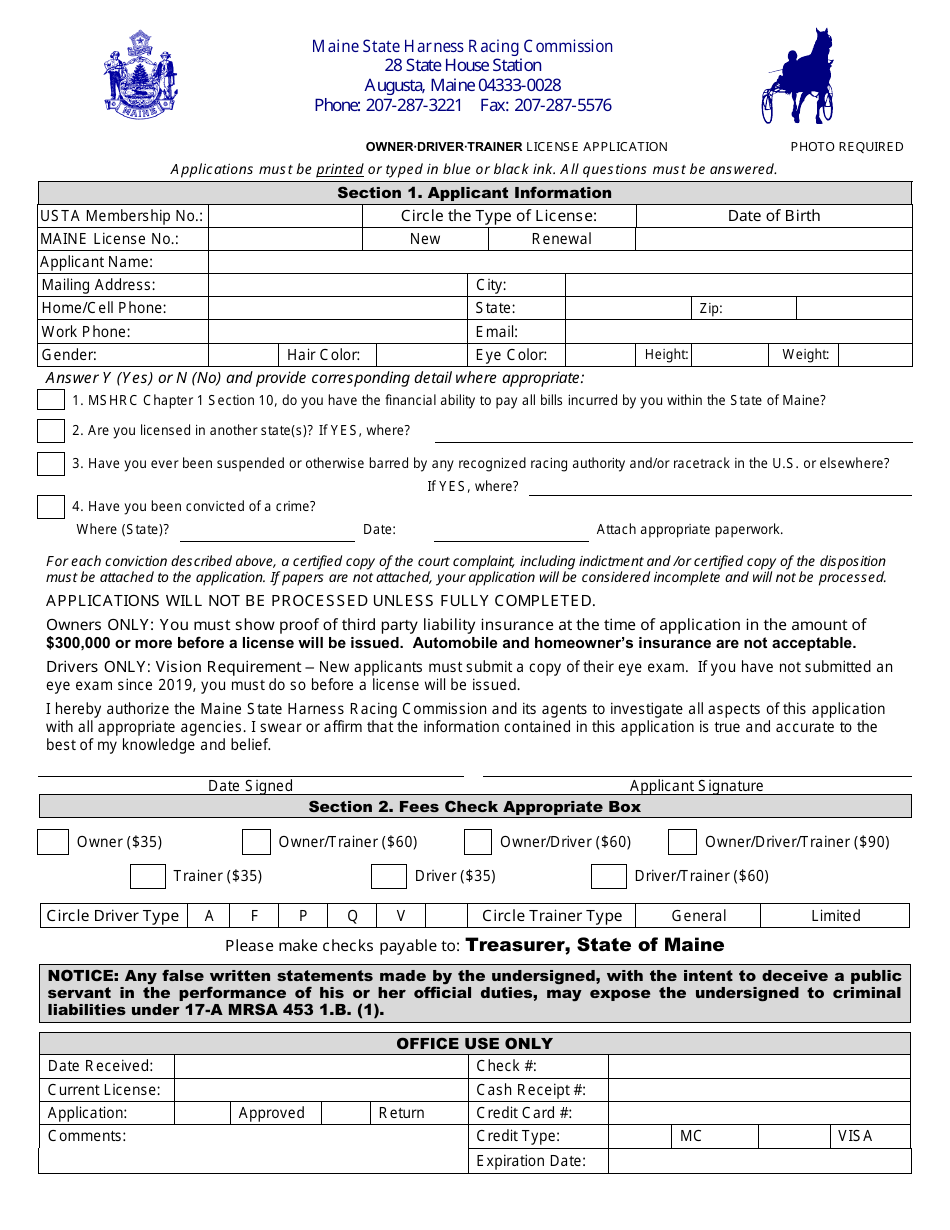 Owner / Driver / Trainer License Application - Maine, Page 1