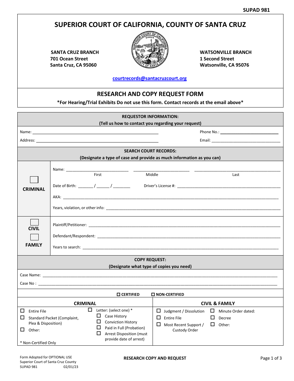 Form SUPAD981 Research and Copy Request Form - Santa Cruz County, California, Page 1