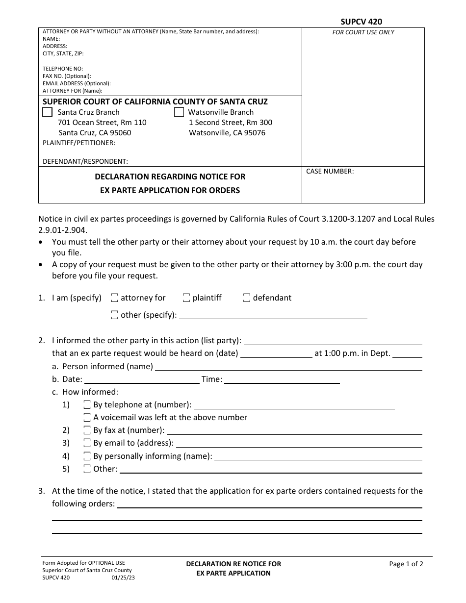 Form SUPCV420 - Fill Out, Sign Online and Download Fillable PDF, Santa ...