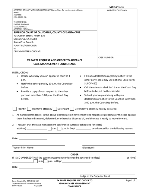 Form SUPCV1015 Ex Parte Request and Order to Advance Case Management Conference - Santa Cruz County, California