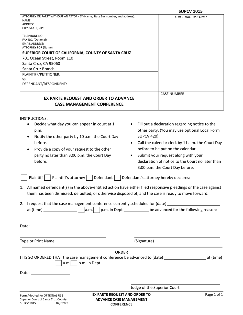 Form SUPCV1015 Ex Parte Request and Order to Advance Case Management Conference - Santa Cruz County, California, Page 1