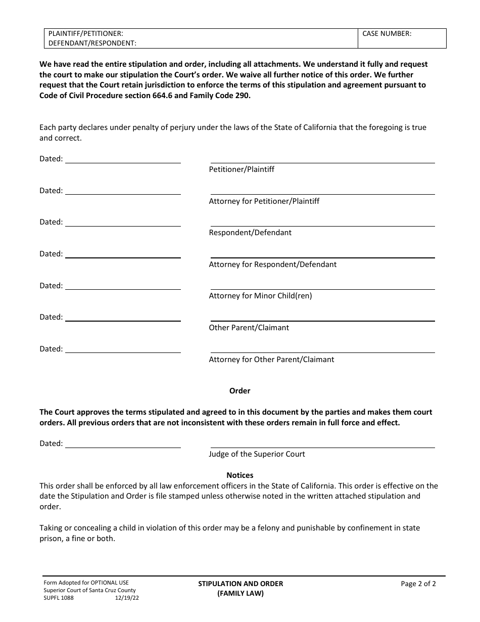 Form SUPFL1088 Stipulation and Order (Family Law) - Santa Cruz County, California, Page 2