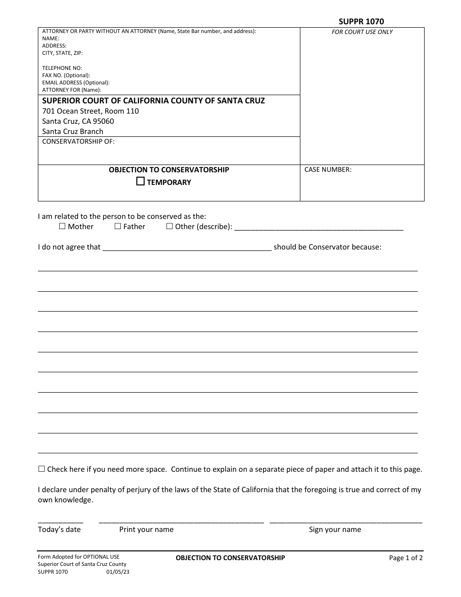 Form SUPPR1070 Objection to Conservatiorship - Santa Cruz County, California, Page 1