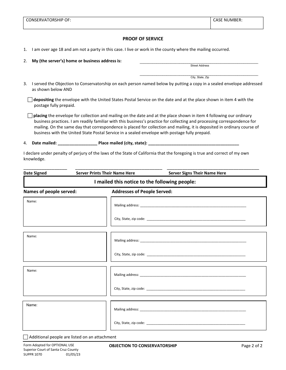 Form SUPPR1070 Objection to Conservatiorship - Santa Cruz County, California, Page 2