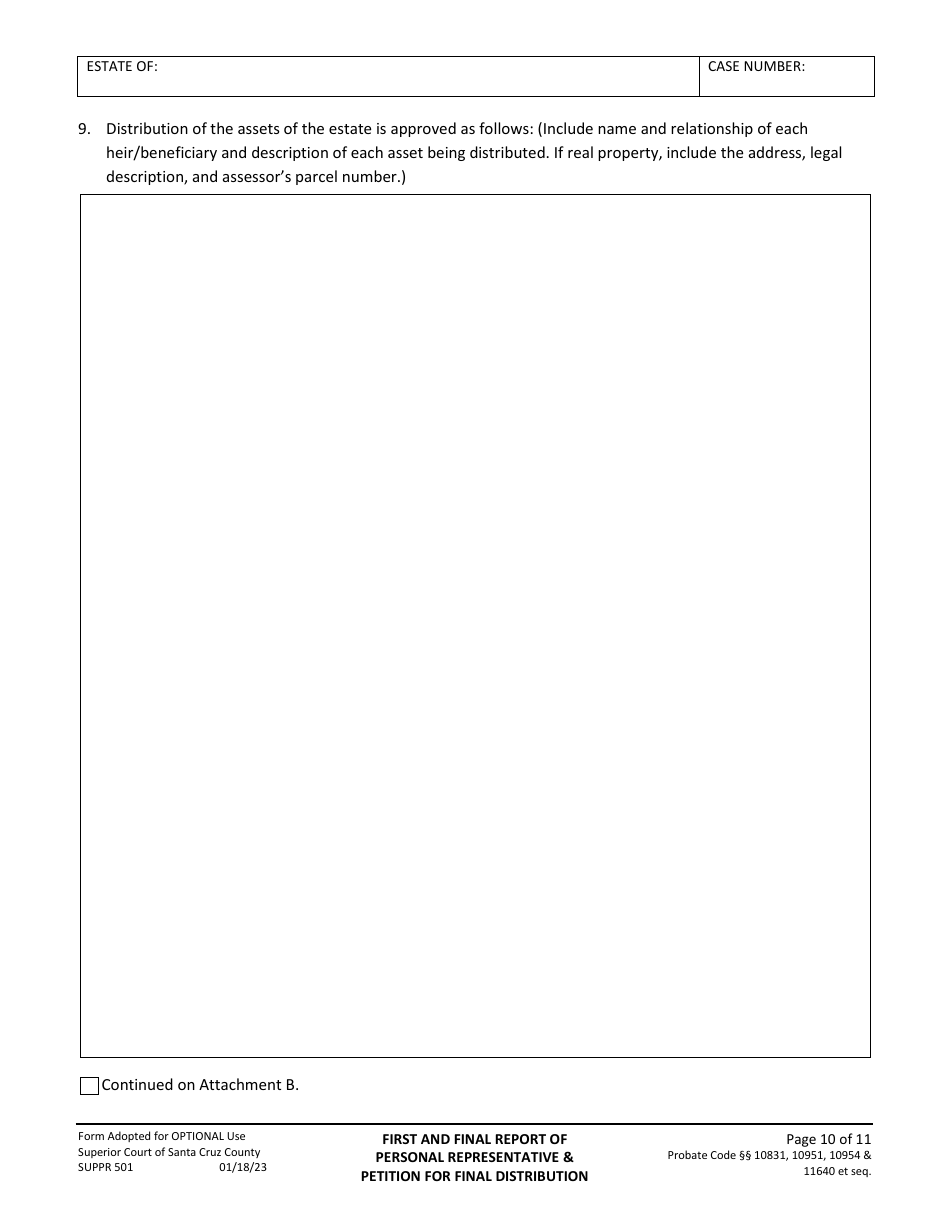 Form SUPPR501 Petition for First and Final Report of Personal Representative - Santa Cruz County, California, Page 10