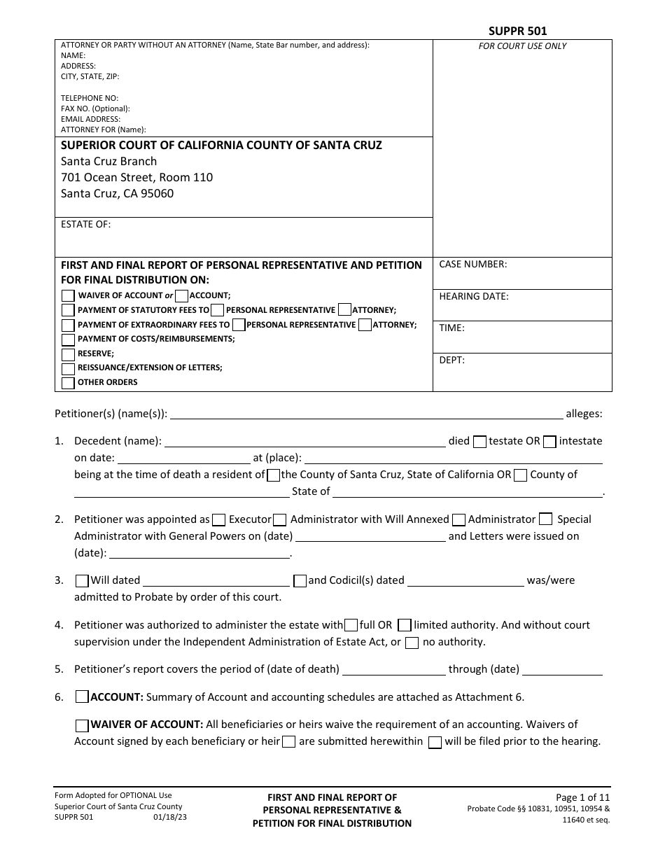 Form SUPPR501 Petition for First and Final Report of Personal Representative - Santa Cruz County, California, Page 1