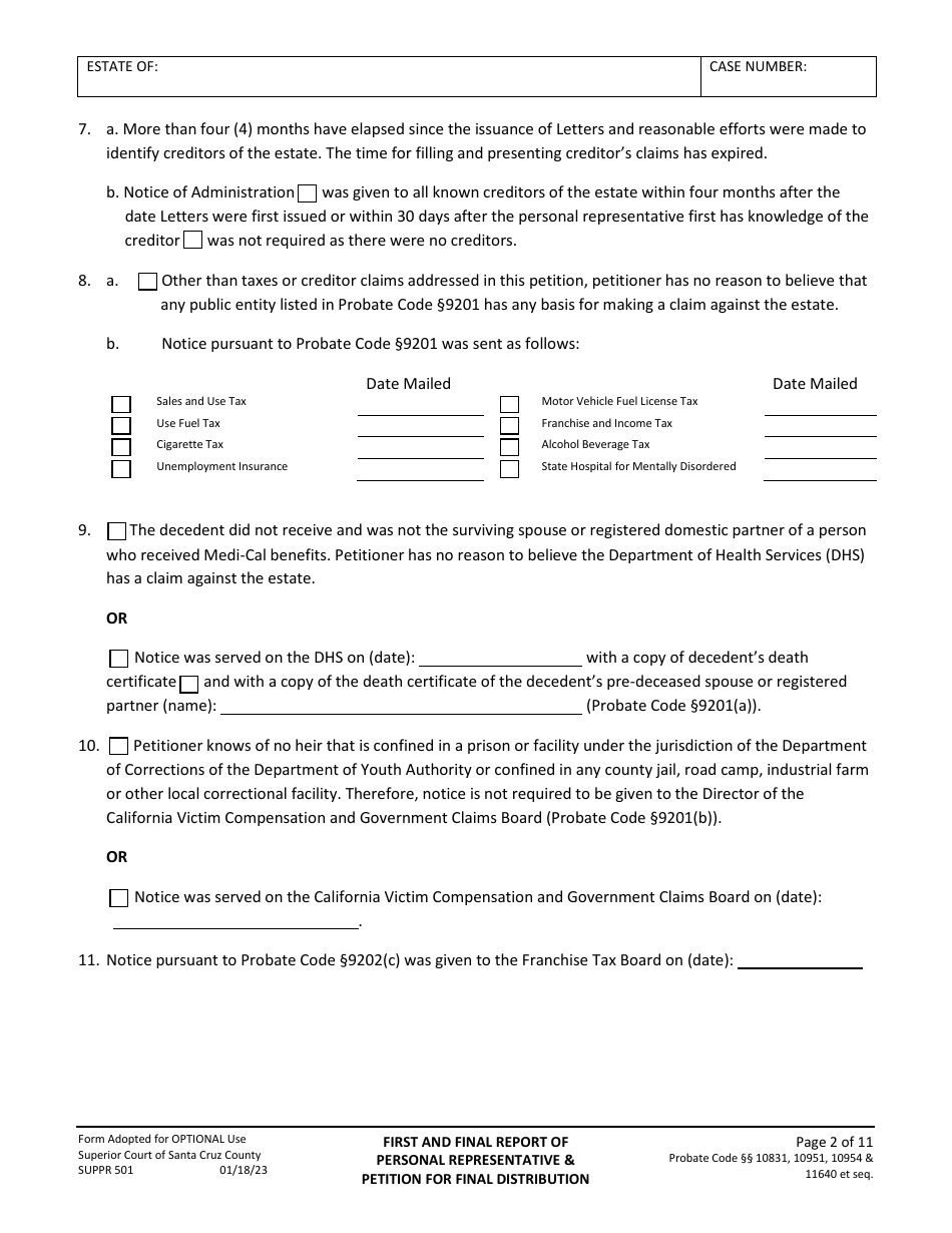 Form SUPPR501 Petition for First and Final Report of Personal Representative - Santa Cruz County, California, Page 2