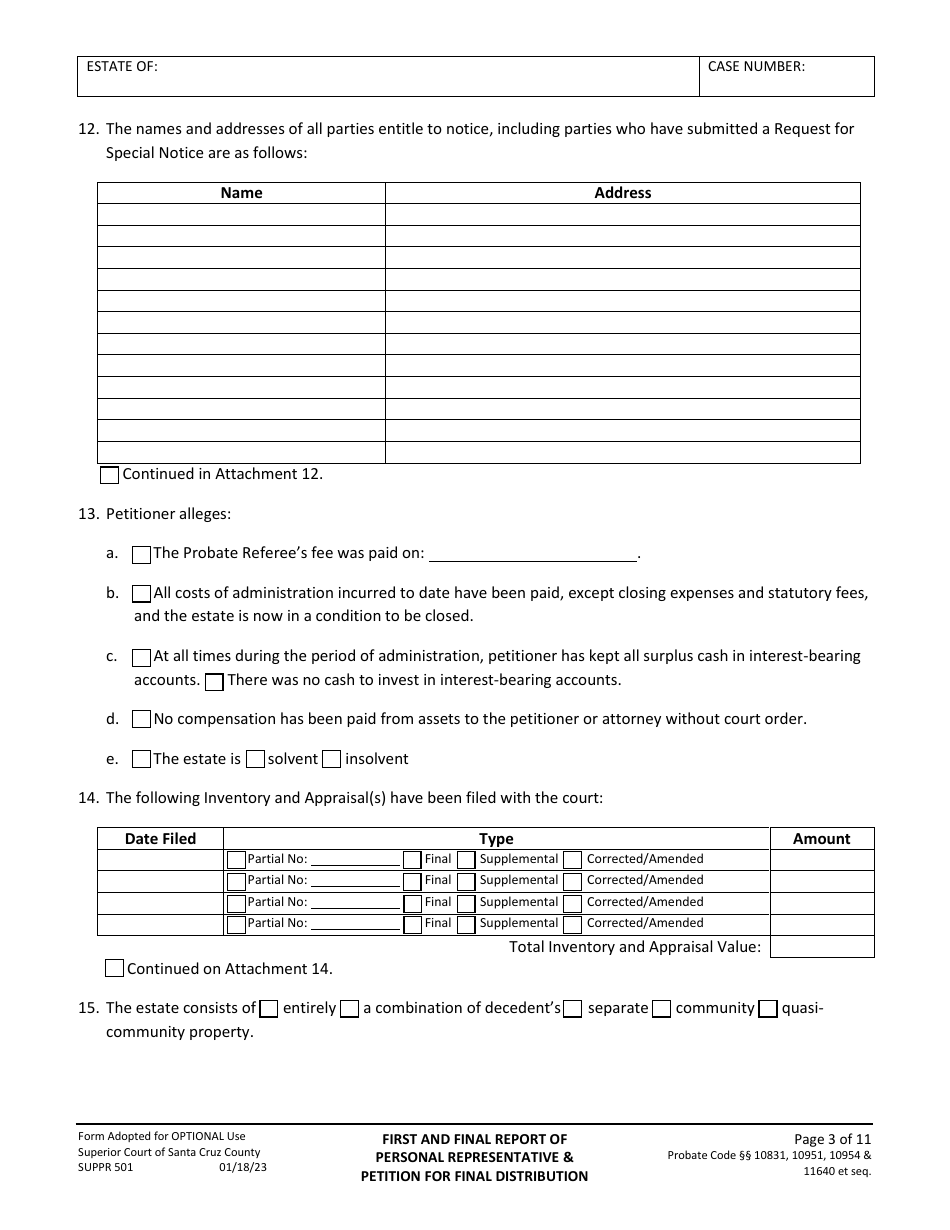 Form SUPPR501 Petition for First and Final Report of Personal Representative - Santa Cruz County, California, Page 3